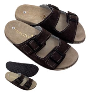 KLAPKI SANDAŁY ORTOPEDYCZNE CIEMNA CZEKOLADA WYGODNE PROFILOWANE SKÓRA NATURALNA FUSBET