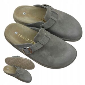 KLAPKI ORTOPEDYCZNE SZARE WYGODNE PROFILOWANE SKÓRA NATURALNA FUSBET