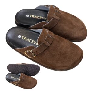 KLAPKI ORTOPEDYCZNE BRĄZOWE WYGODNE PROFILOWANE SKÓRA NATURALNA ZŁOTA KLAMERKA